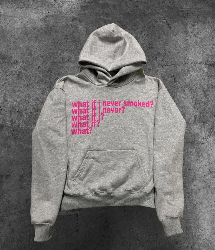 Black hooded sweater with white letter print design, showing front view with hood up