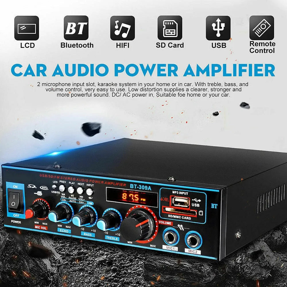 BT-309A-A black Bluetooth power amplifier with recording function and remote control on iron chassis