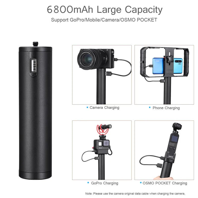 Black aluminium alloy power bank charging handle showing 12.5cm length and 3.2cm width