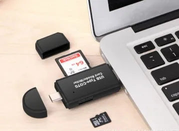 Black USB 3.0 memory card reader with Type-C connector for SD and TF cards