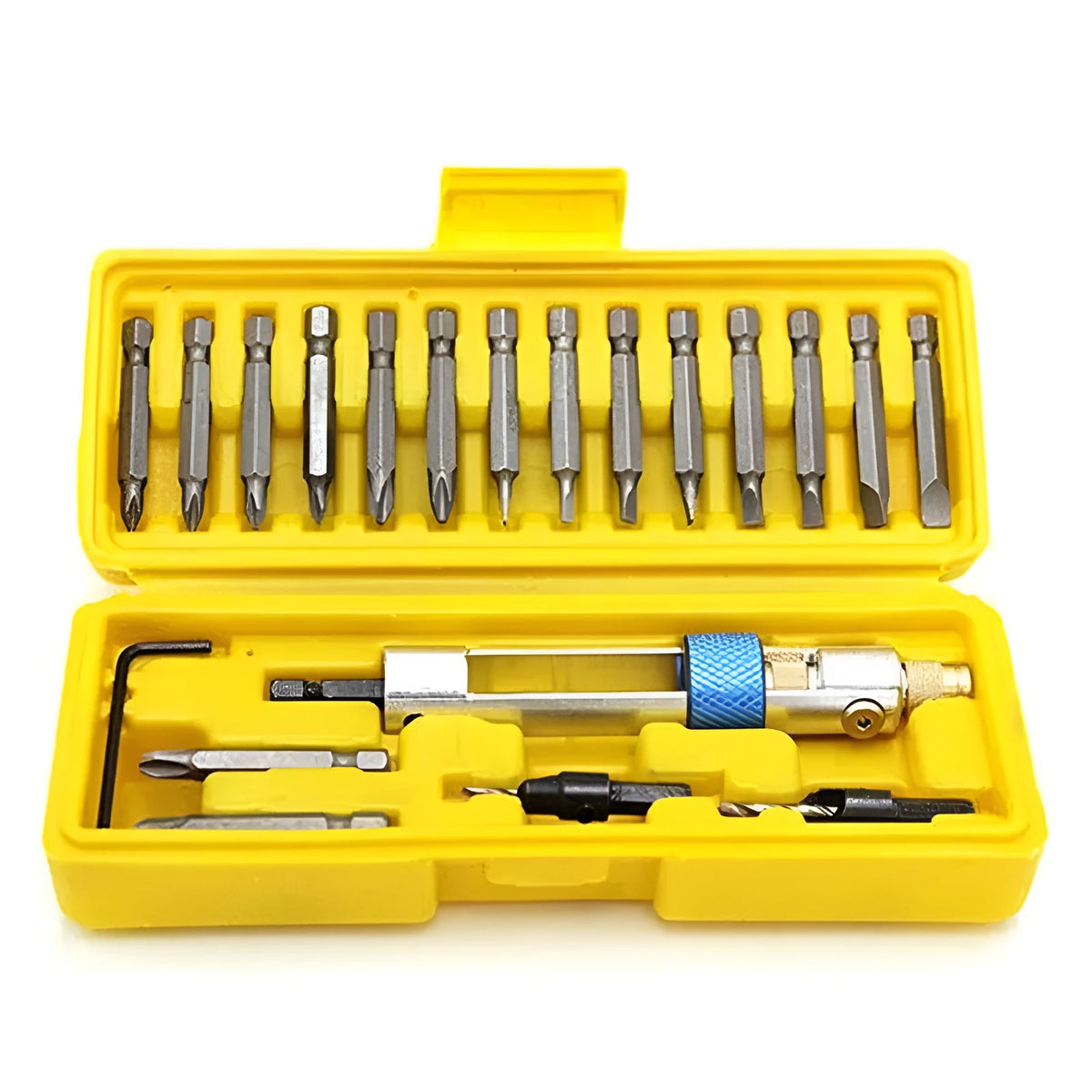 Half Time Drill bit holder set with swivel head and assortment of Phillips, flathead, and countersink bits