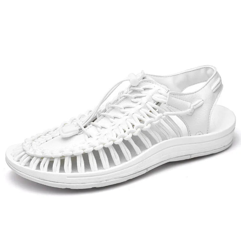 Woven Roman-style sandals with elastic drawstring tie and non-slip rubber sole