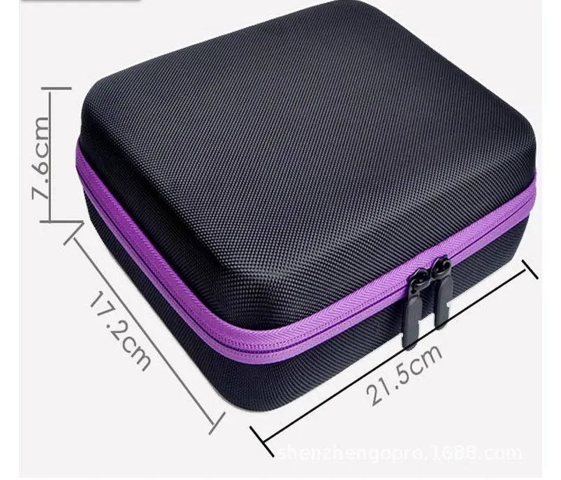 Red EVA cube bag with 30 pockets for 15ml essential oil bottles, shown wall-mounted.