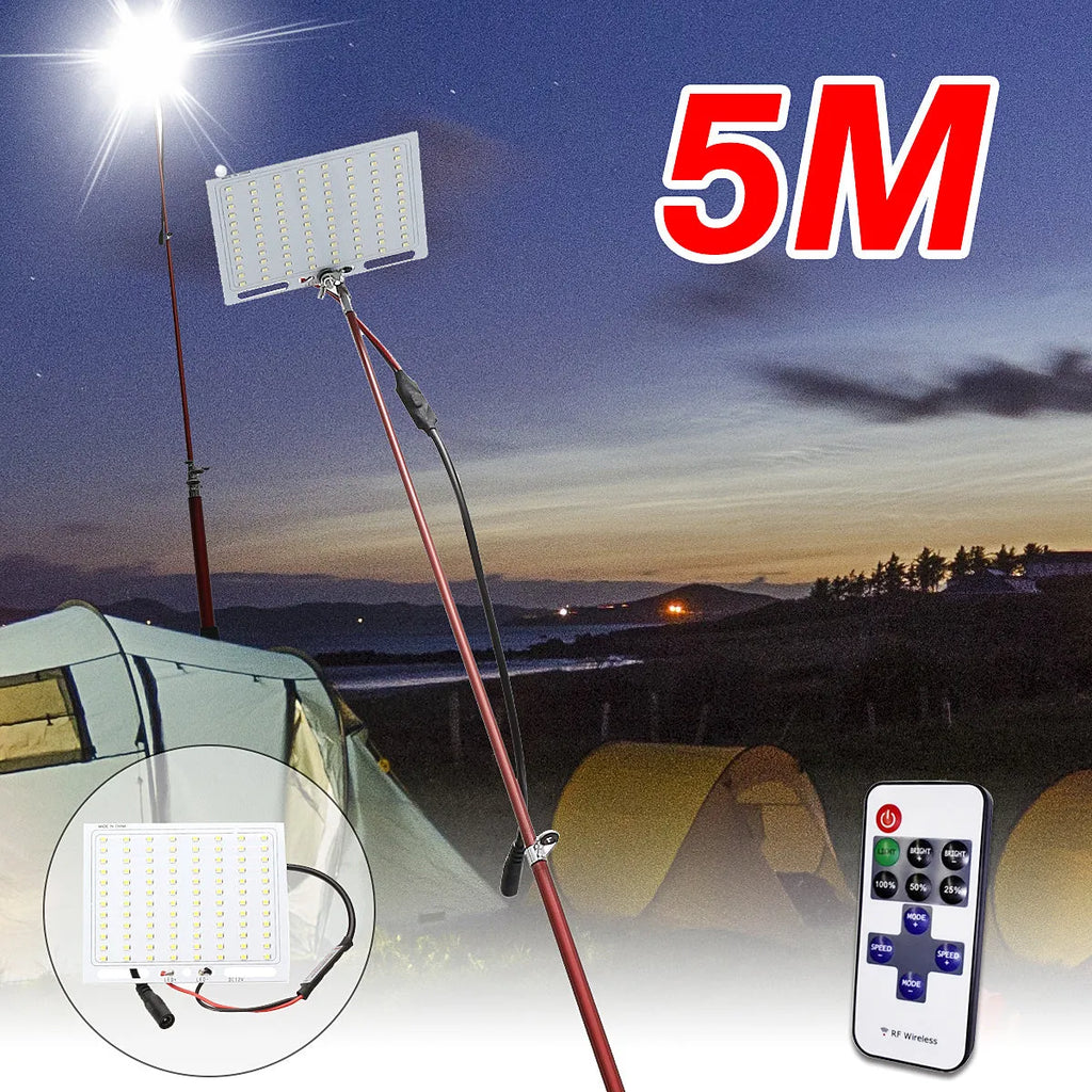 White LED fishing rod light unit mounted on top of an extended telescopic pole, with an RF remote control beside it.