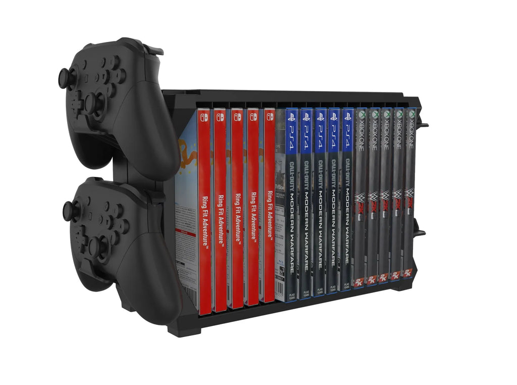 Black ABS plastic PS5 and Xbox Series X disc holder with controller storage stand