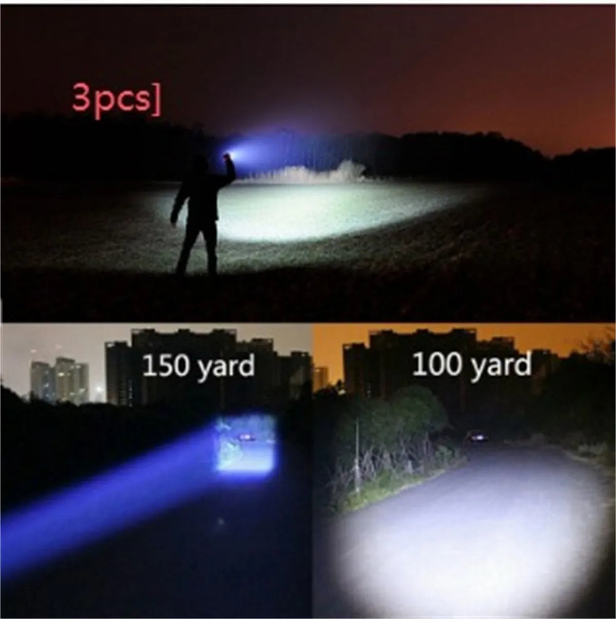 Black aluminium alloy LED zoom flashlight with adjustable focus ring and antiskid texture.