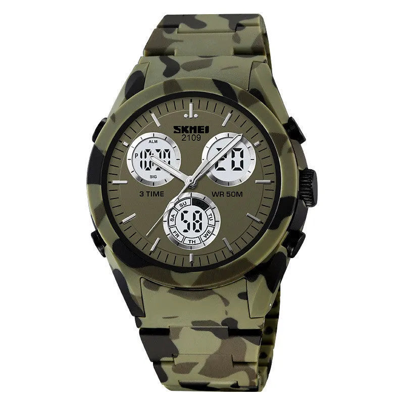 Unisex digital casual watch with camouflage strap and electronic display showing 50m water resistance.