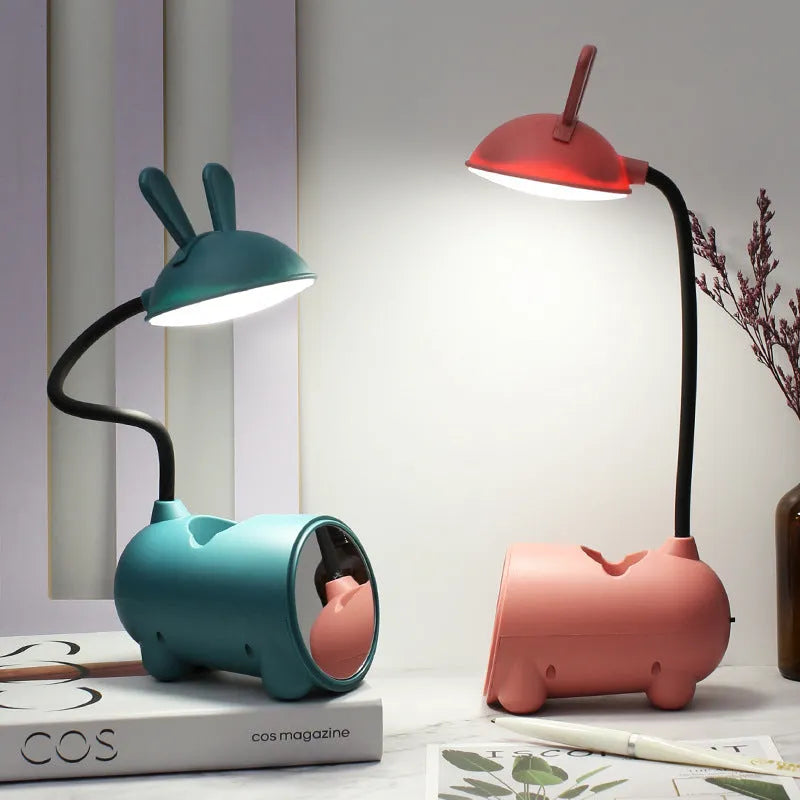 Cartoon-style USB desk lamp with pen container in green colour, dimensions 30cm long