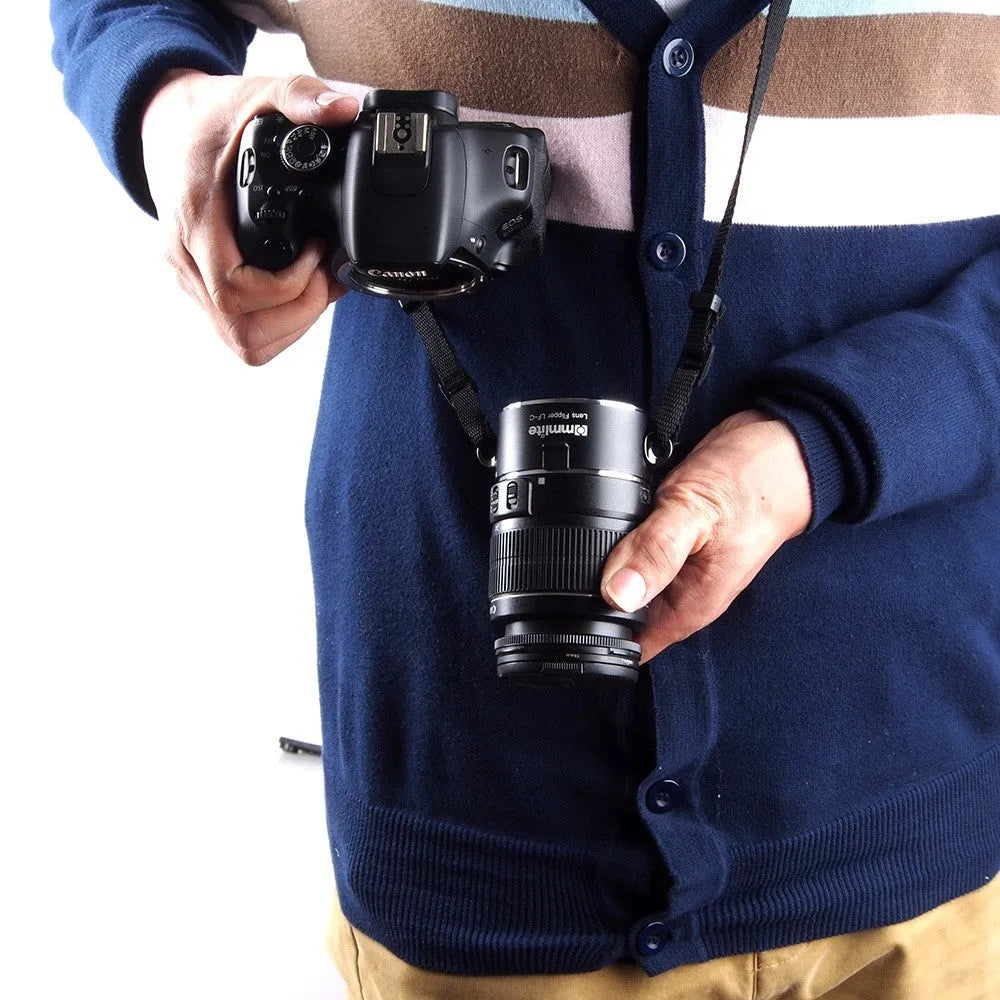 Aluminium alloy camera lens flipper dual holder with cotton shoulder strap for Canon Nikon Sony lenses