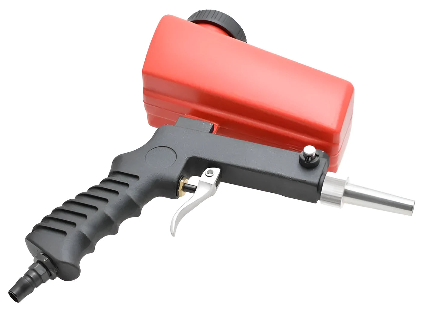 Portable small gravity feed pneumatic sandblasting gun with tank, shown in black or blue.