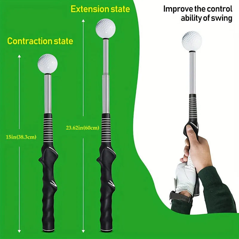 Telescopic golf swing practice trainer with stainless steel shaft in black, blue, and red colour options