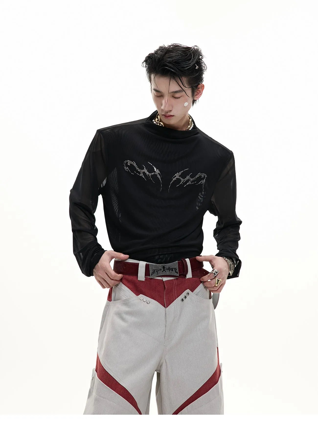 Men's black slim-fit long sleeve mesh shirt, a base layer made from polyester and spandex fabric.