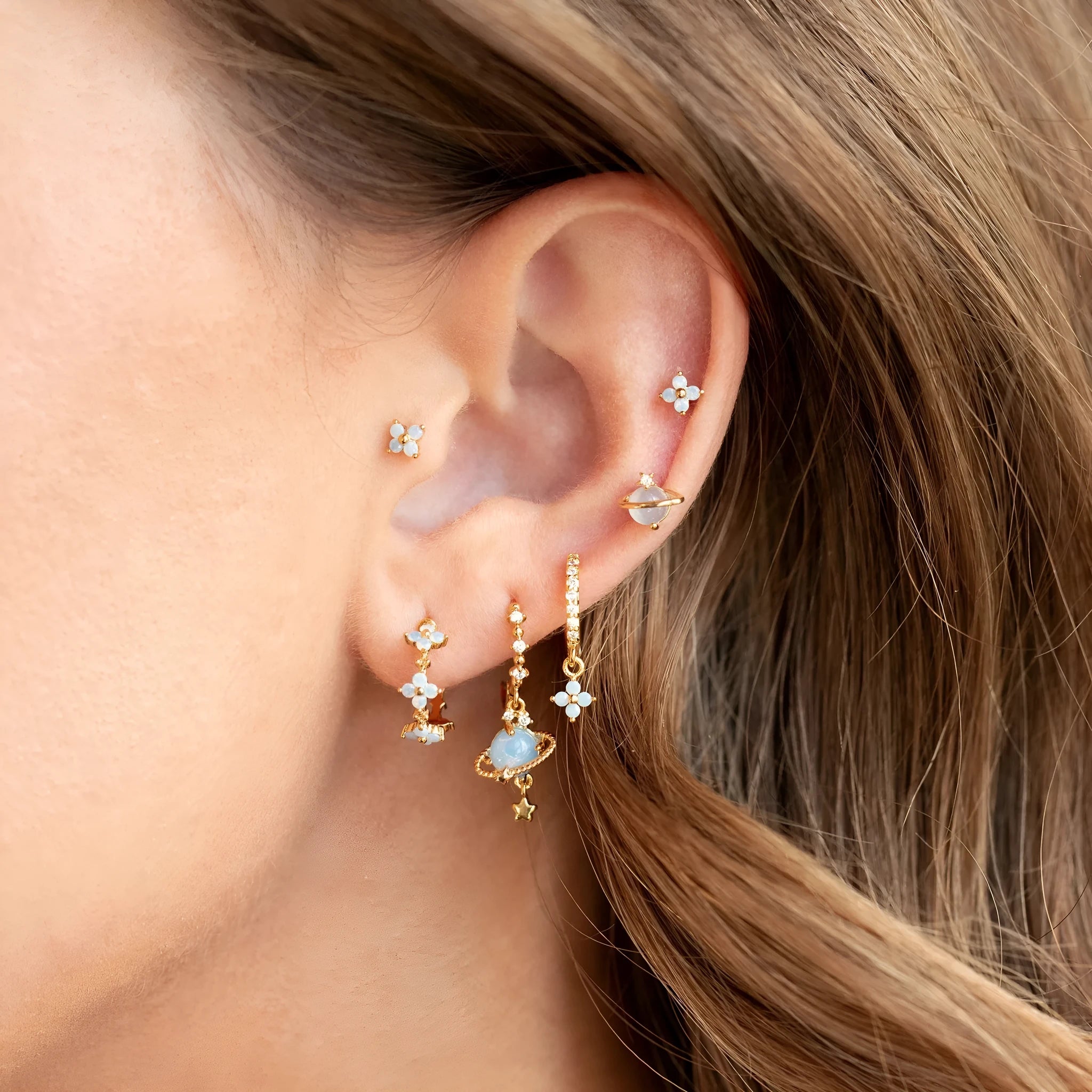 Japanese Korean style flower ear studs with zircon mosaic on copper in gold and silver colours