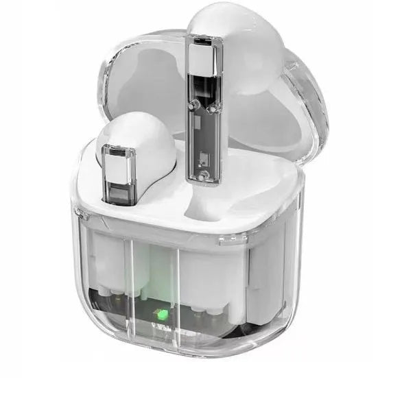 Transparent space capsule case containing true wireless Bluetooth earphones with digital display screen
