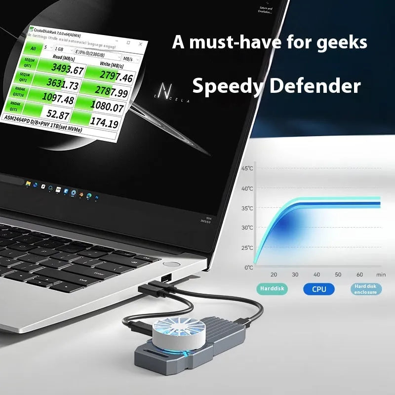 USB4 40Gbps aluminium hard disk enclosure for M.2 NVMe solid state drives.