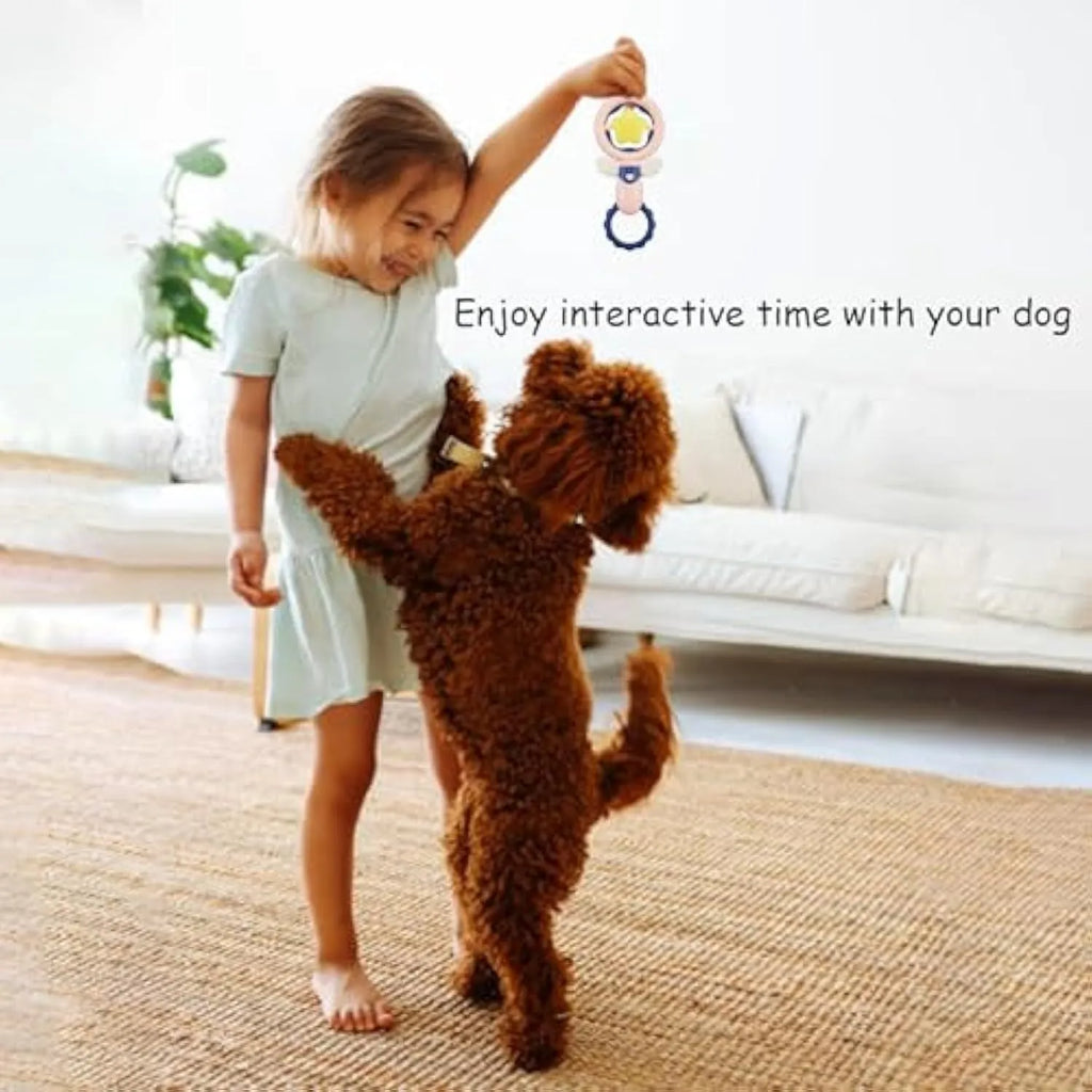 Pink interactive dog chew toy set with squeaky, dental and large breed toys on white background.