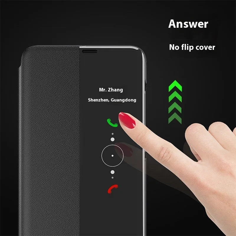 Magnetic side window phone case with flip bracket for Huawei Honor in Still Night Black PC leather
