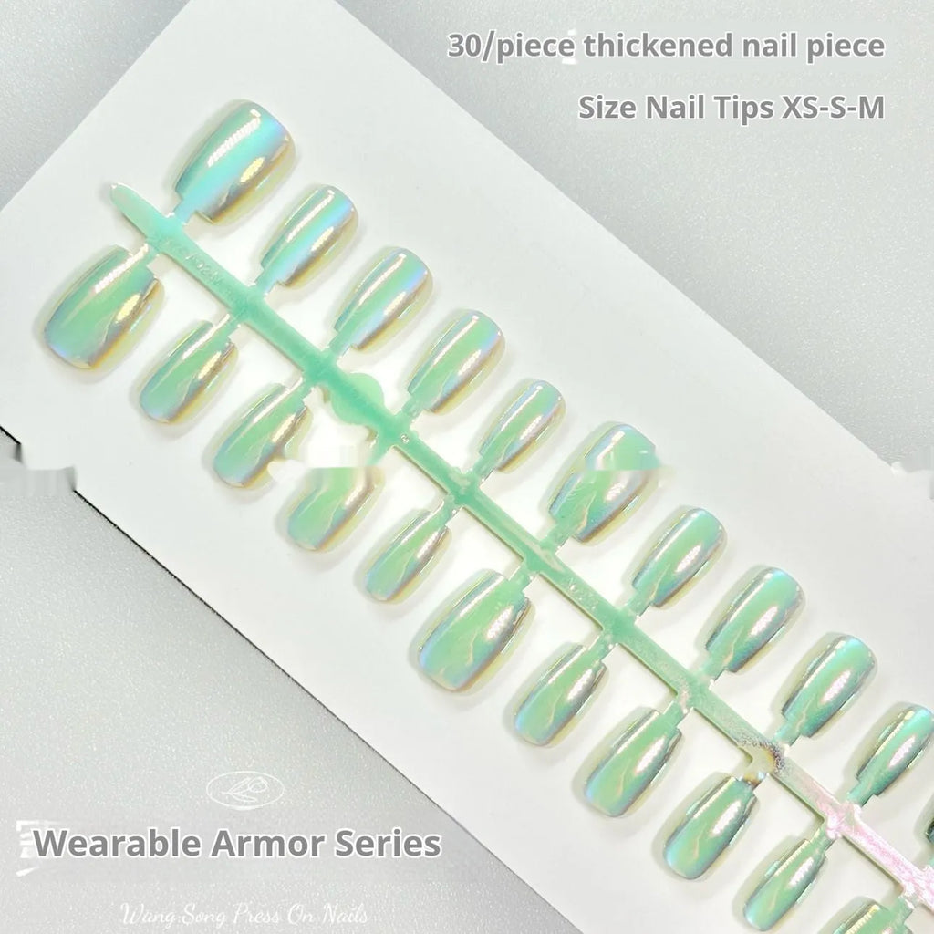 Electroplating Cat's Eye 02 Idle Court artificial nail set showing Aurora, solid colour, and Cat's Eye designs in short ladder sizes.