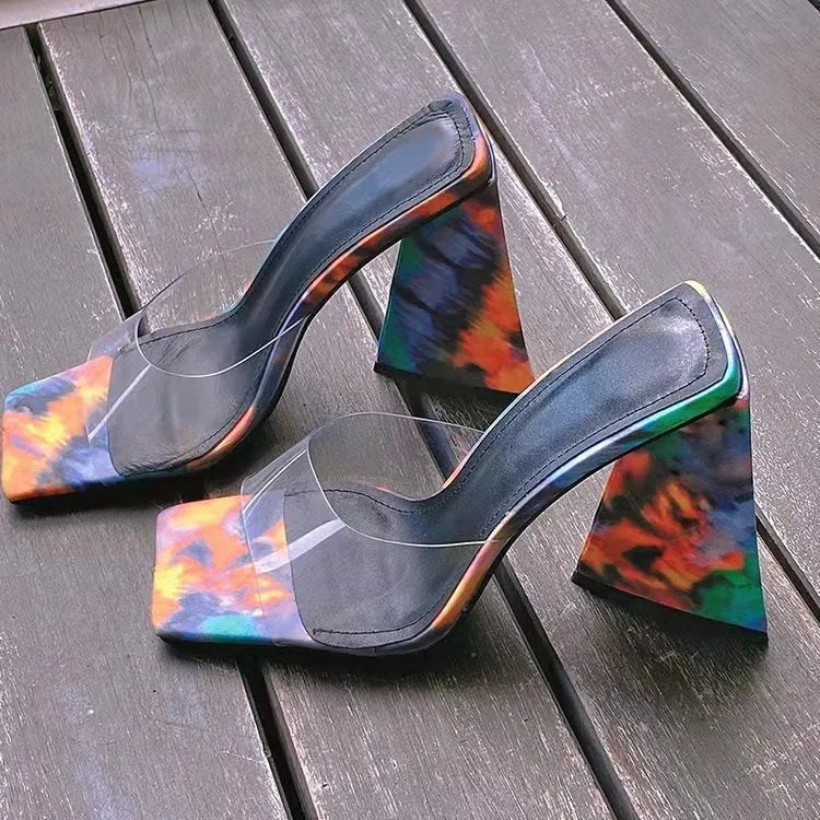 Women's black square toe high heel slippers with a thick triangle heel on a rubber sole