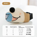 Canvas dog muzzle anti-bite mouth cover in Ollie Brown Bear colour with size chart showing weight recommendations