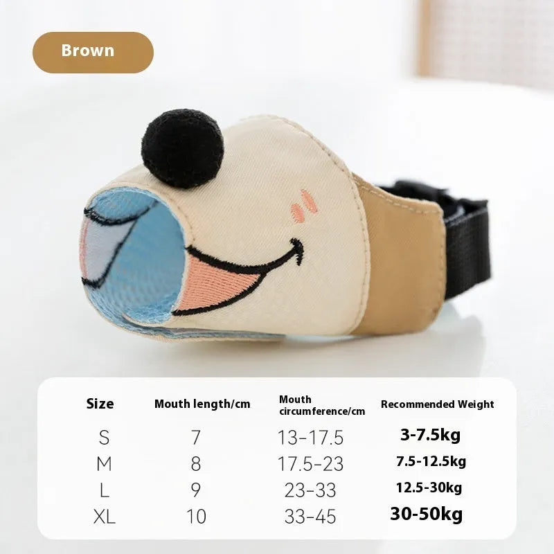 Canvas dog muzzle anti-bite mouth cover in Ollie Brown Bear colour with size chart showing weight recommendations