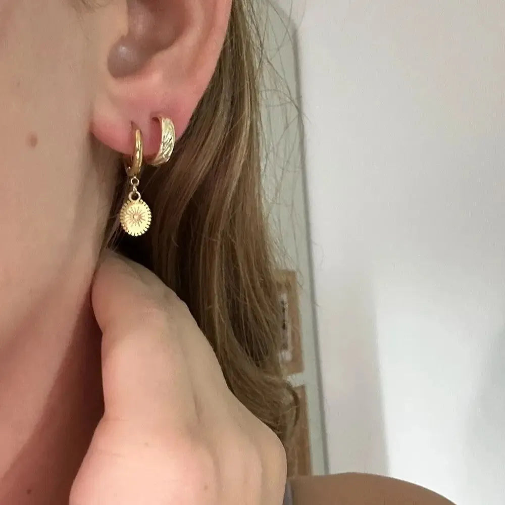 Stainless steel geometric earrings with oval accents on white background