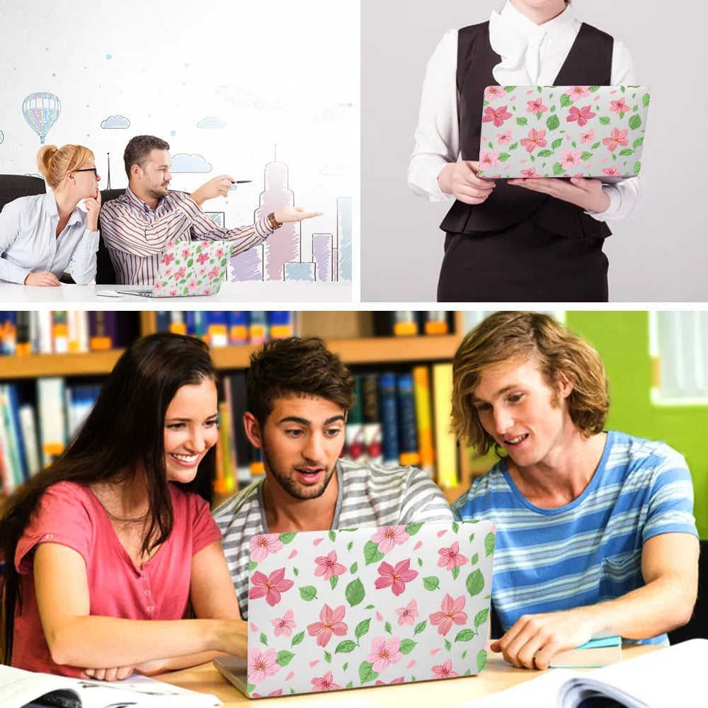 Hard plastic laptop protective shell with a partial floral print design for MacBook Air and Pro models.