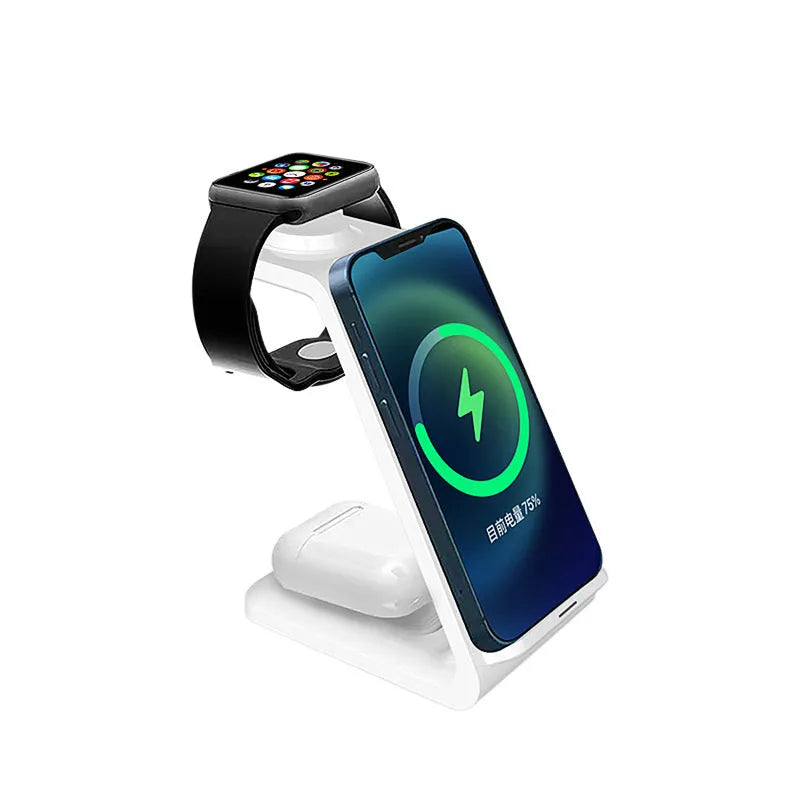 White upright mobile phone charger with wireless charging station and dual coil design