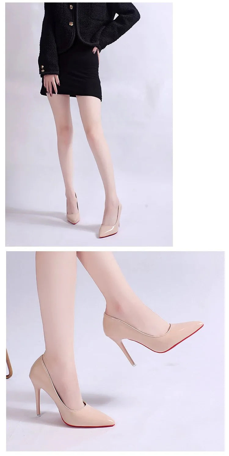 Women's black stiletto heel pointed toe pump shoe on a white background.