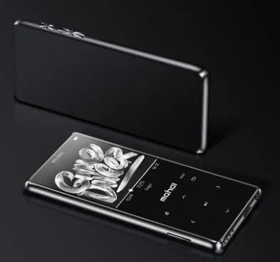 Ultra-thin portable MP3 music player with a 2.4-inch touch screen in black, silver, blue, or red colours.