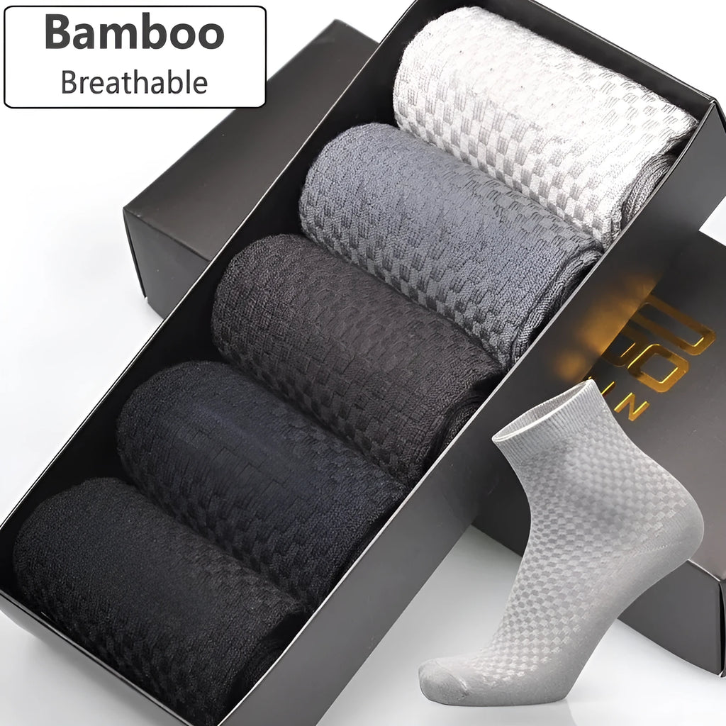 Men's bamboo fibre business socks showing small square pattern in five colour options