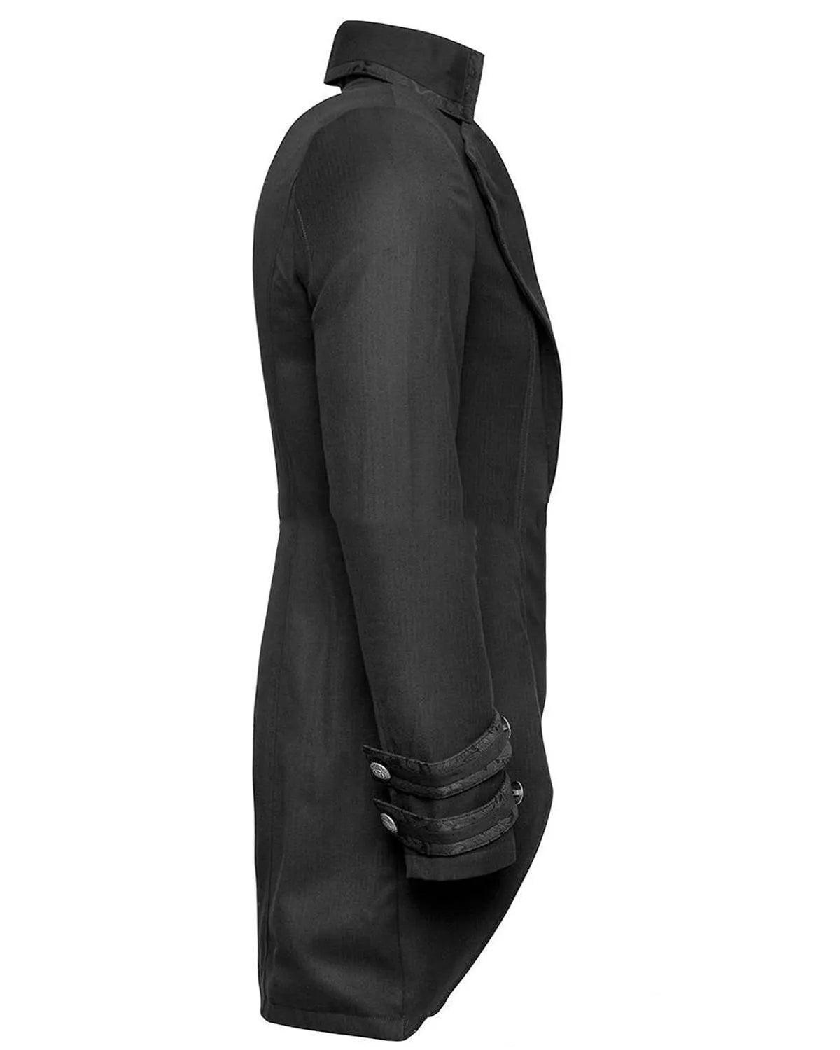 Black Victorian morning gown cosplay jacket with Gothic styling for historical costuming