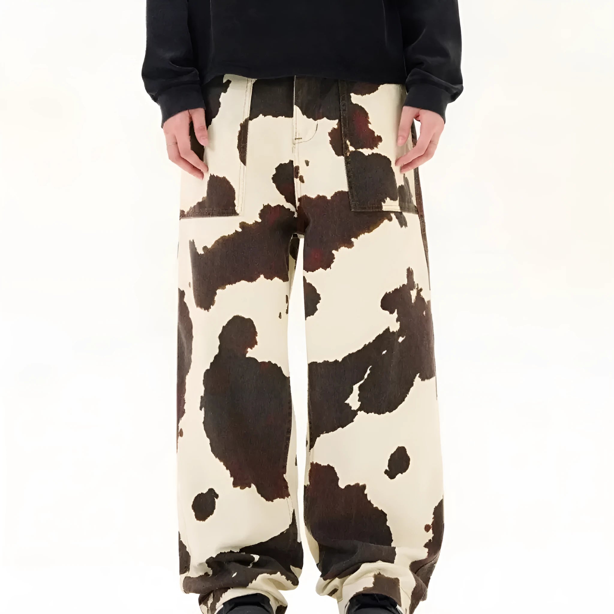 Men's straight-leg trousers with American retro cows pattern showing button-fly opening and straight-leg design