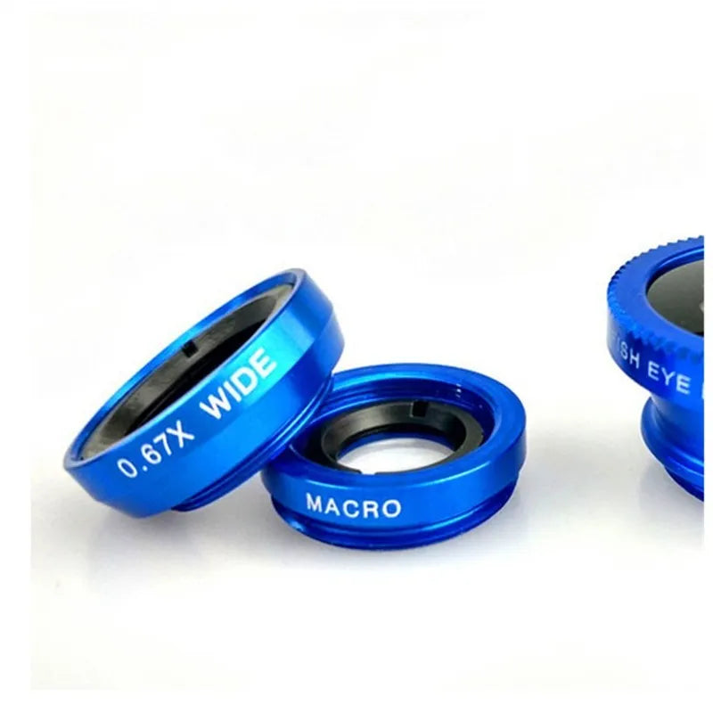3-in-1 mobile phone camera lens kit with fisheye, wide angle and macro lenses in metal construction