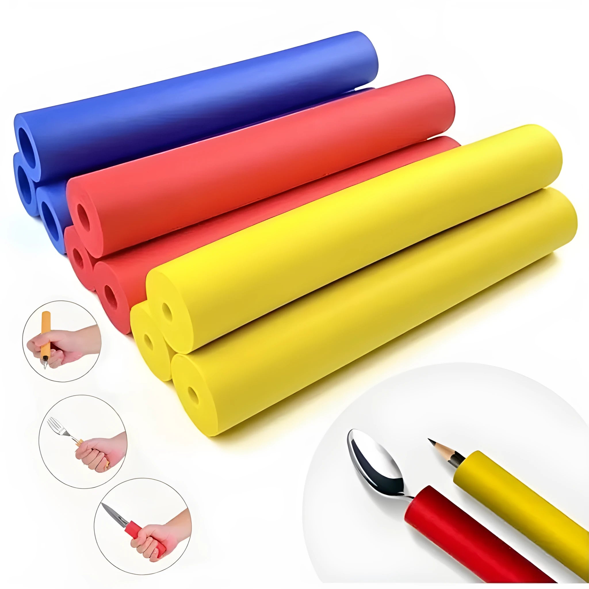 Set of black rubber grip hoses for improving hold on utensils and pens, showing inner diameter options.