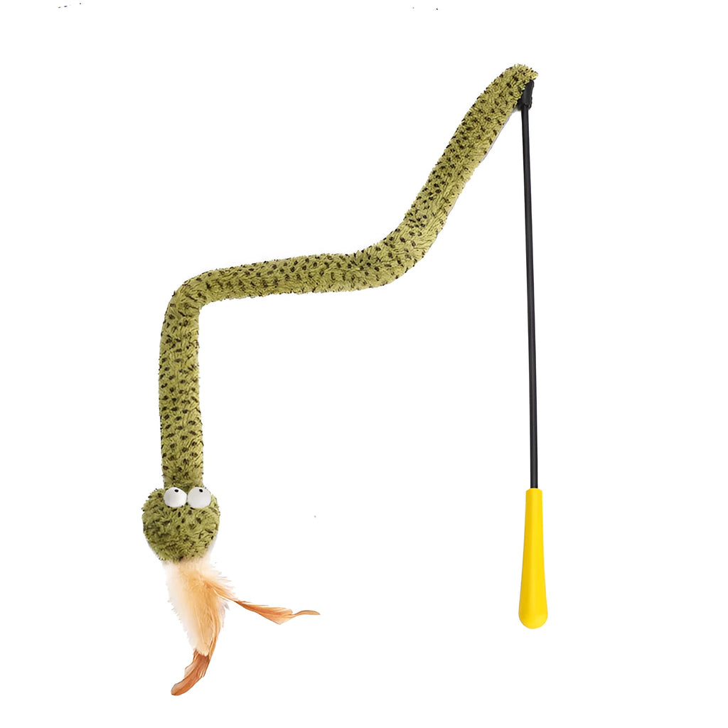 Green cat teasing stick toy with a long pole and feather teaser for interactive play