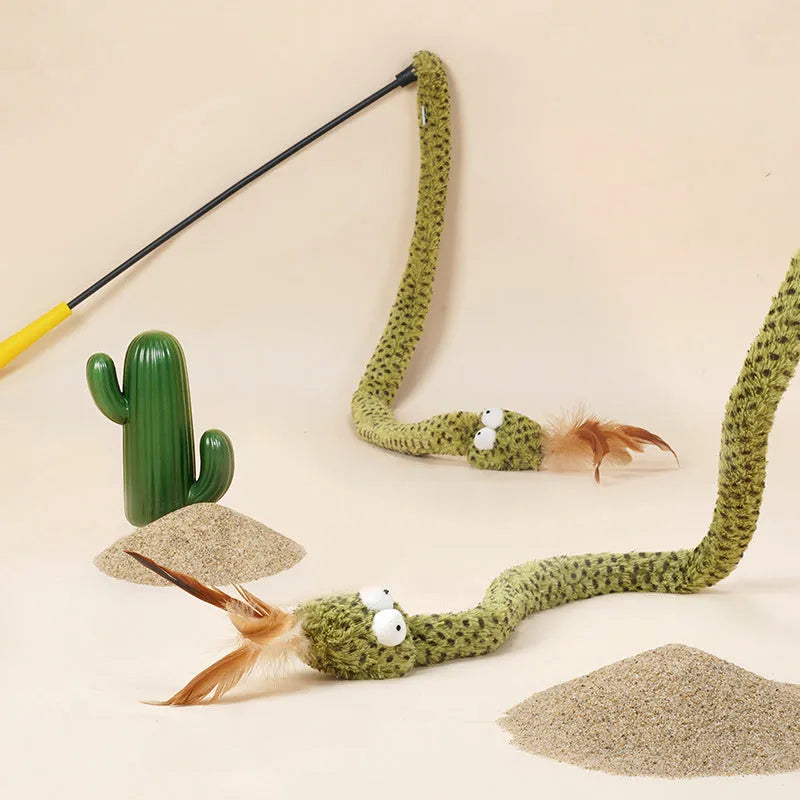 Green cat teasing stick toy with a long pole and feather teaser for interactive play