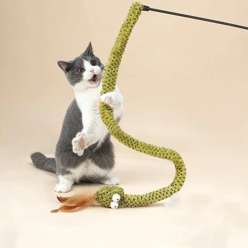 Green cat teasing stick toy with a long pole and feather teaser for interactive play