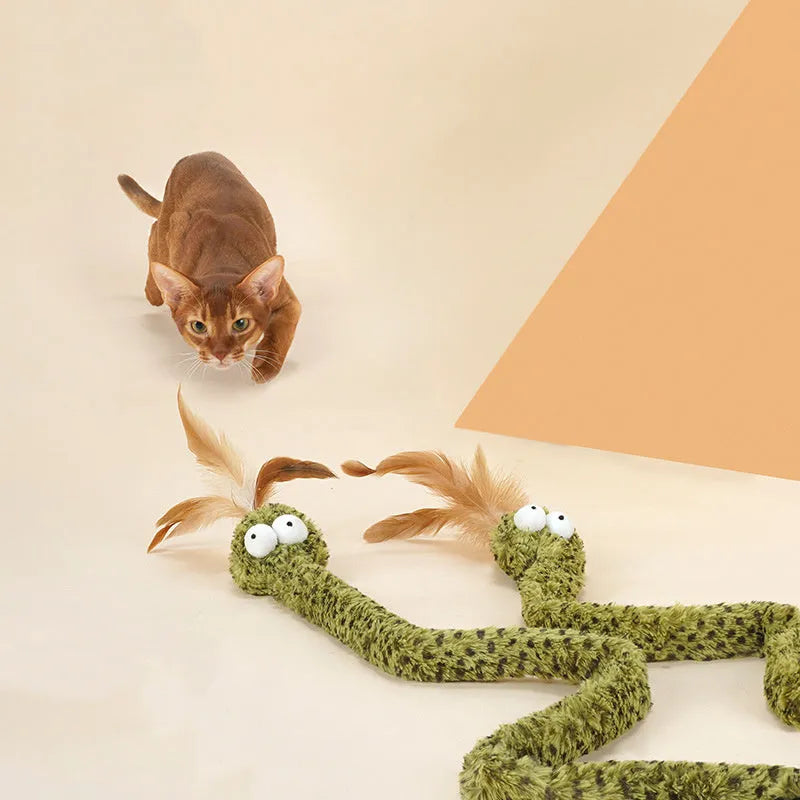 Green cat teasing stick toy with a long pole and feather teaser for interactive play