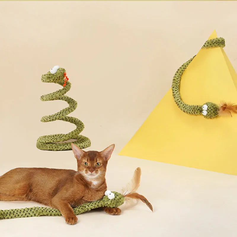 Green cat teasing stick toy with a long pole and feather teaser for interactive play