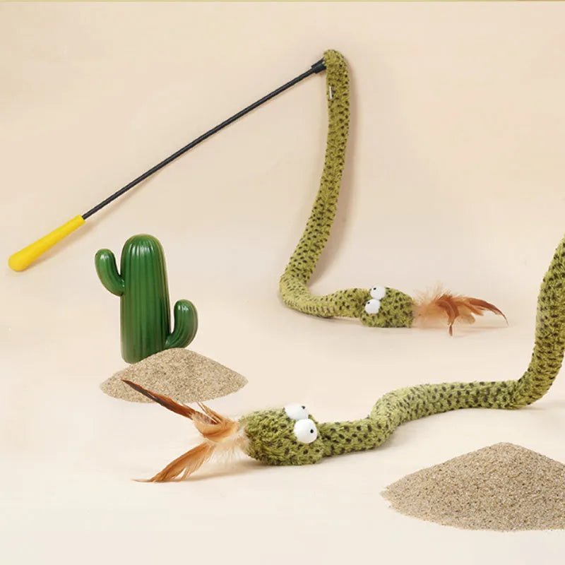 Green cat teasing stick toy with a long pole and feather teaser for interactive play