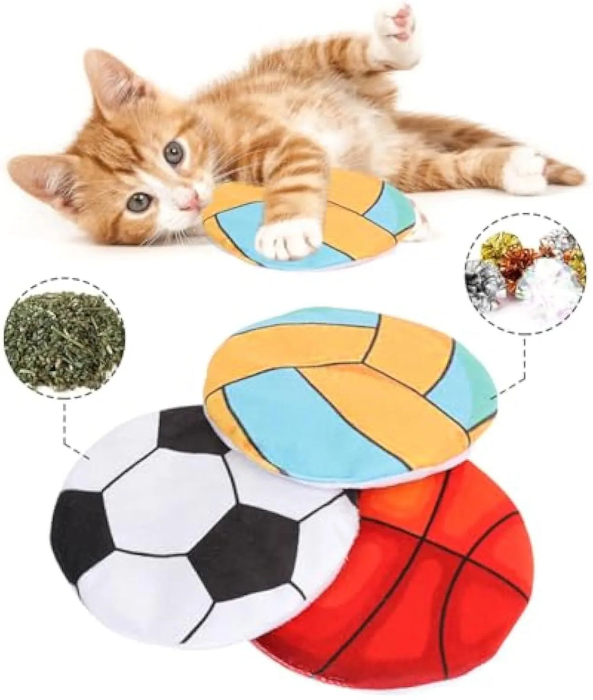 Plush flying disc cat toy with sports ball patterns measuring 5cm, containing catnip and crinkle elements.