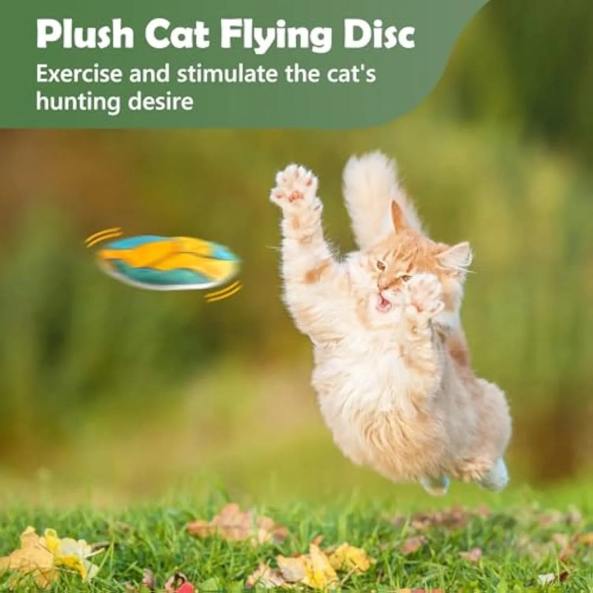 Plush flying disc cat toy with sports ball patterns measuring 5cm, containing catnip and crinkle elements.