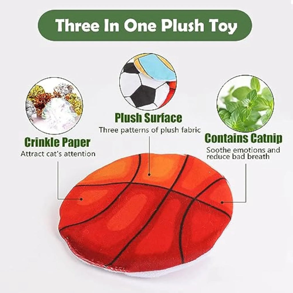 Plush flying disc cat toy with sports ball patterns measuring 5cm, containing catnip and crinkle elements.