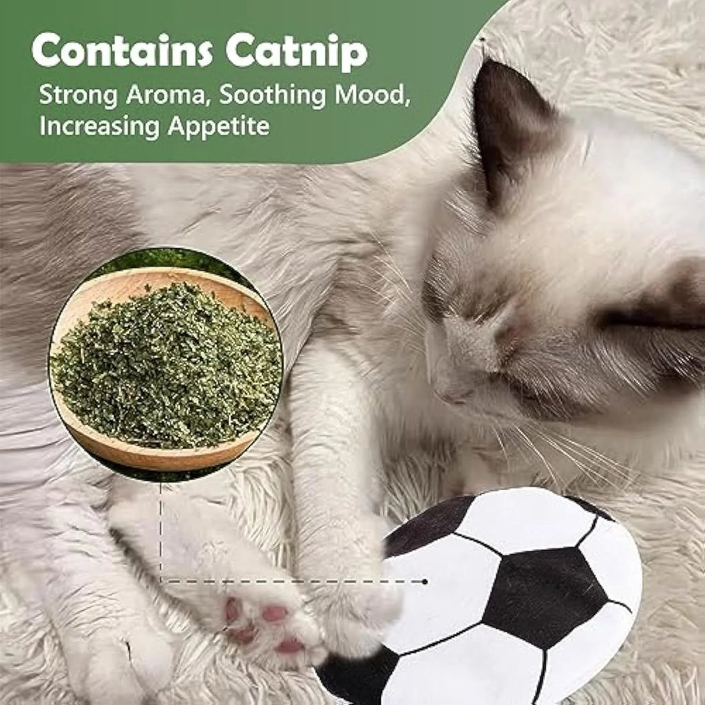 Plush flying disc cat toy with sports ball patterns measuring 5cm, containing catnip and crinkle elements.