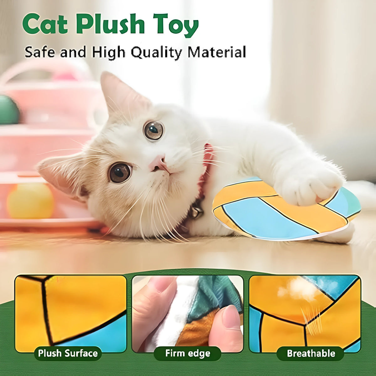 Plush flying disc cat toy with sports ball patterns measuring 5cm, containing catnip and crinkle elements.