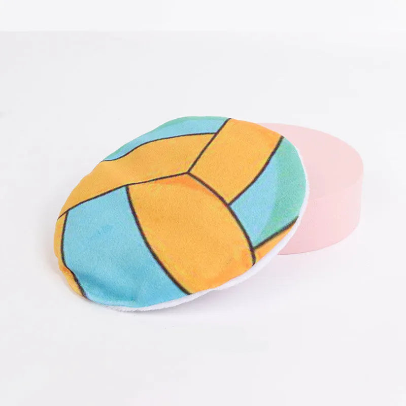 Plush flying disc cat toy with sports ball patterns measuring 5cm, containing catnip and crinkle elements.