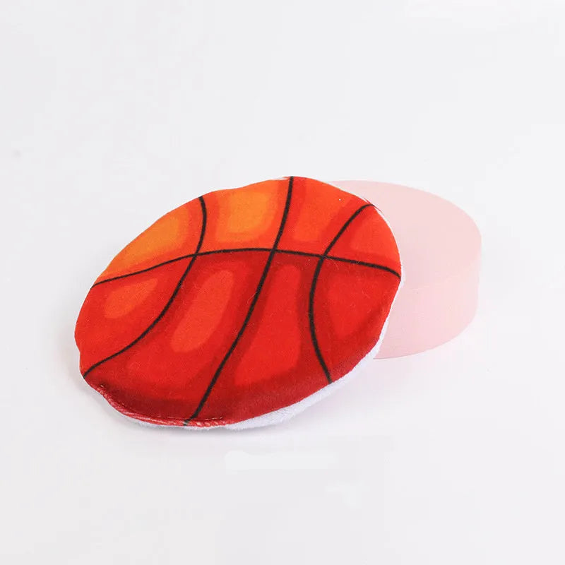 Plush flying disc cat toy with sports ball patterns measuring 5cm, containing catnip and crinkle elements.