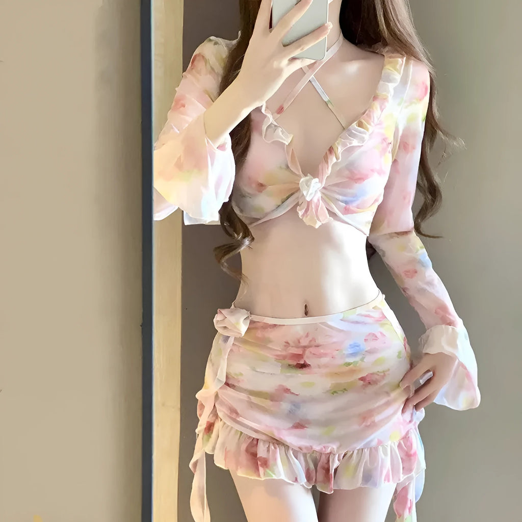 Women's cherry blossom pink floral bikini set for beach and hot spring swimming