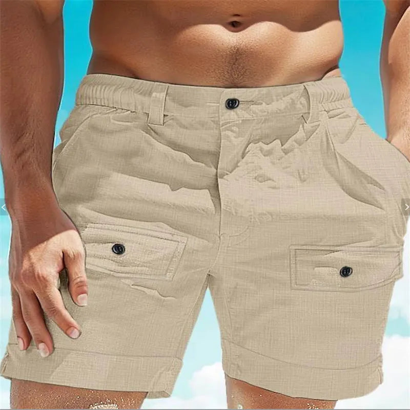 Men's straight leg linen shorts with elastic waistband and button pockets in white and khaki colours